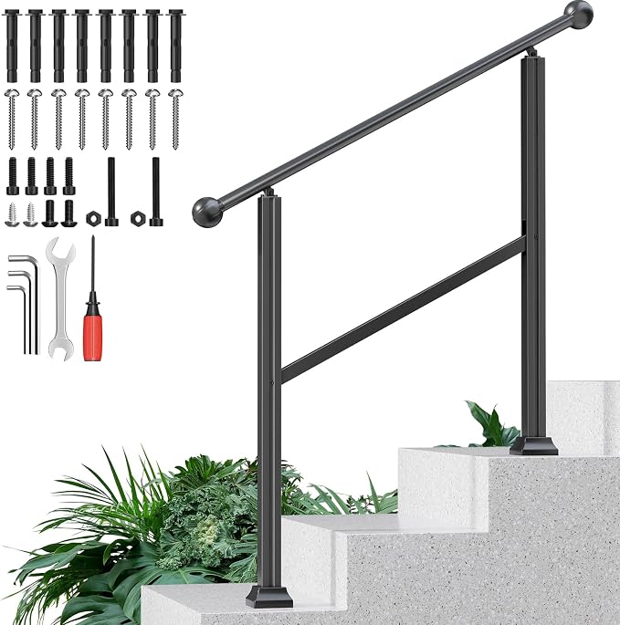 3-Step Outdoor Stair Handrail Kit, Heavy Duty Aluminum Alloy Adjustable Height by ORWOD