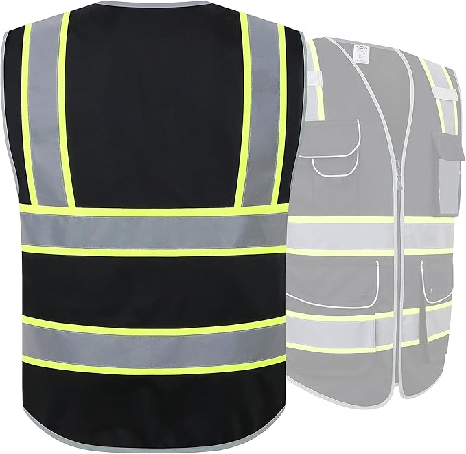 JKSafety 9 Pockets Hi-Vis Black Color Zipper Front Safety Vest Fluorescent - Image 2