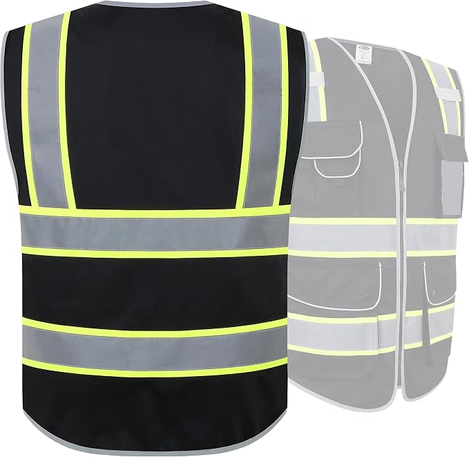 JKSafety 9 Pockets Hi-Vis Black Color Zipper Front Safety Vest Fluorescent - Image 2