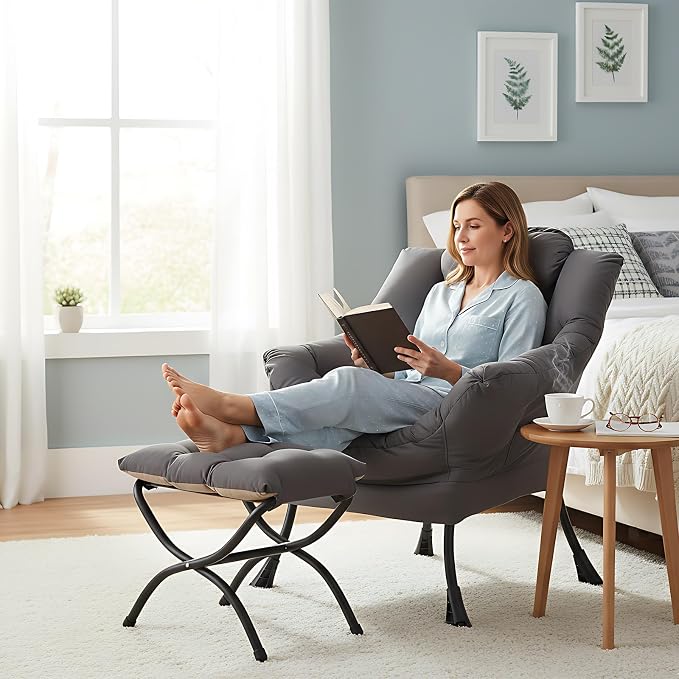 Lazy Chair with Folding Ottoman, Modern Accent Lounge Armchair with Armrests - Image 3