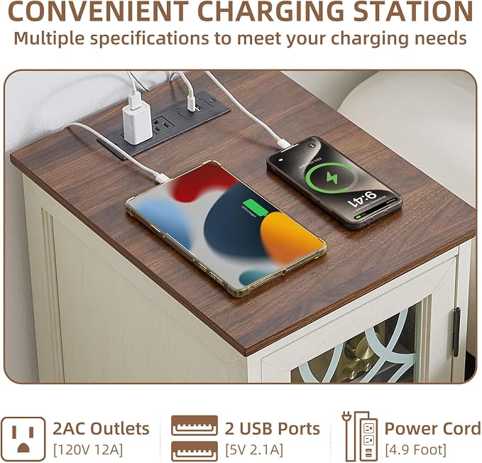 Narrow Side Table with Charging Station Set of 2, Night Stand with Glass Door - Image 4