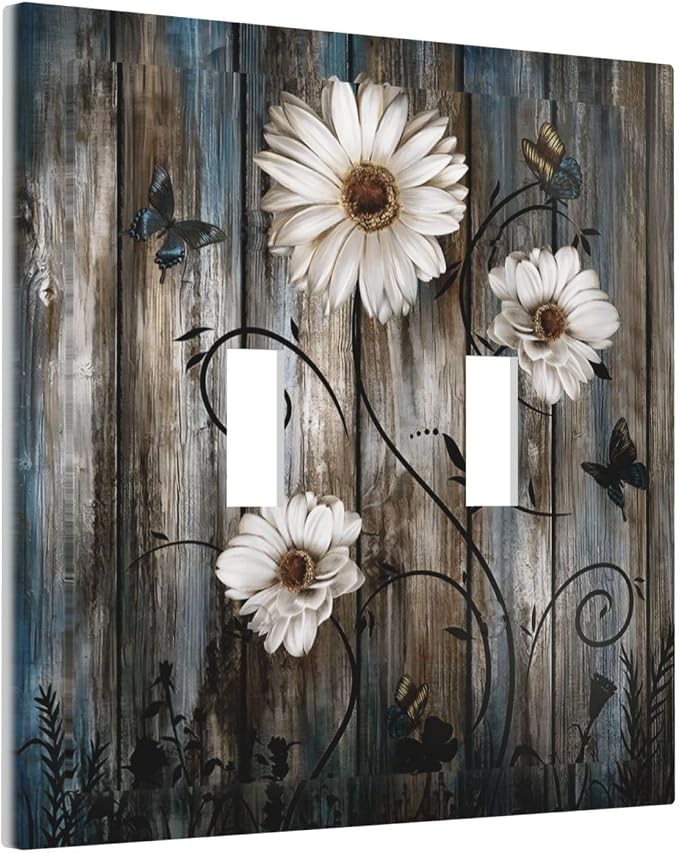 Rustic Wood Background Floral Butterfly Daisy Decorative Switch Plates 2 Gang - Image 2