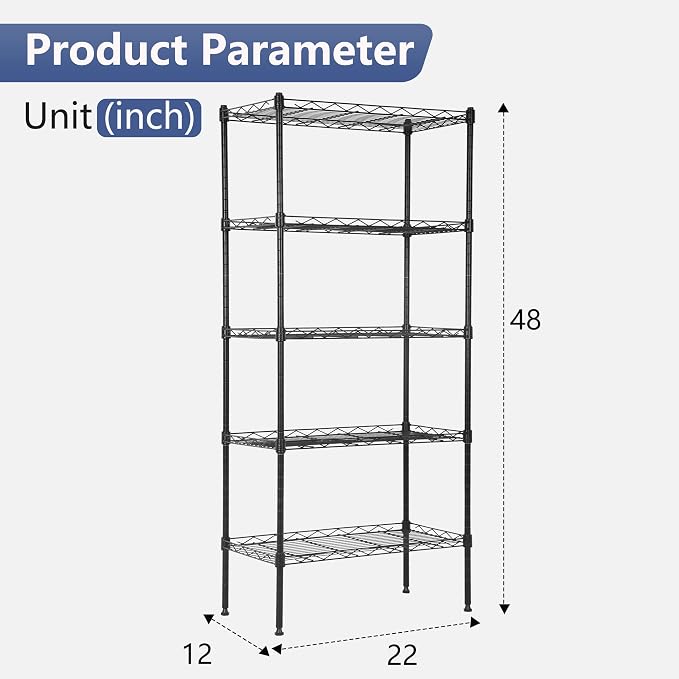 FDW 5 Tier 22L x 12W x 48H Pantry Shelves Adjustable Storage Rack Metal Shelf - Image 3