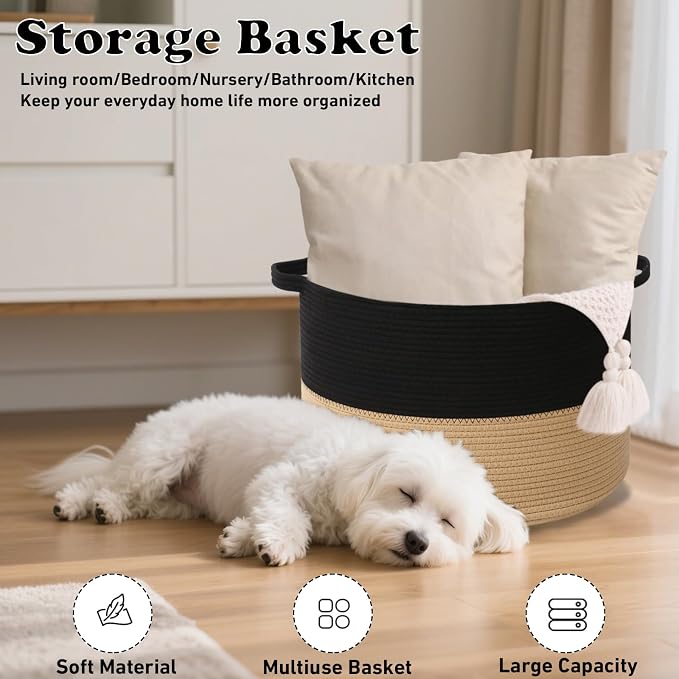 Large Storage Basket with Handle, 19.7" L x 19.7" W x 13" H Blanket Basket - Image 4