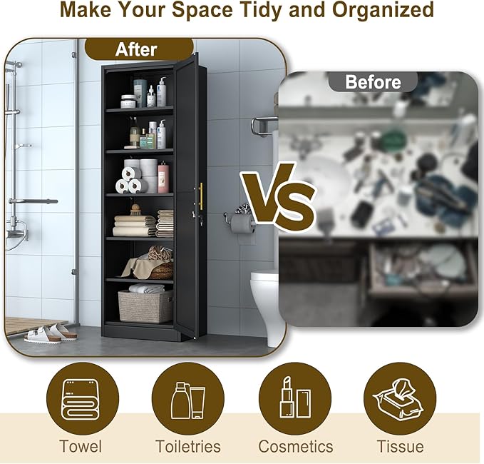 67" Metal Storage Cabinet with Lock, Tall Narrow Office File Cabinets with 5 - Image 6