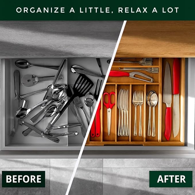 Bamboo Drawer Organizer – Expandable 9 Slot Silverware & Utensil Tray - Image 6