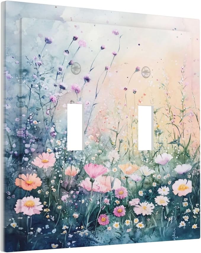 Decorative Light Switch Cover Plate Pink Floral Wildflower Green Plants 2 Gang - Image 2