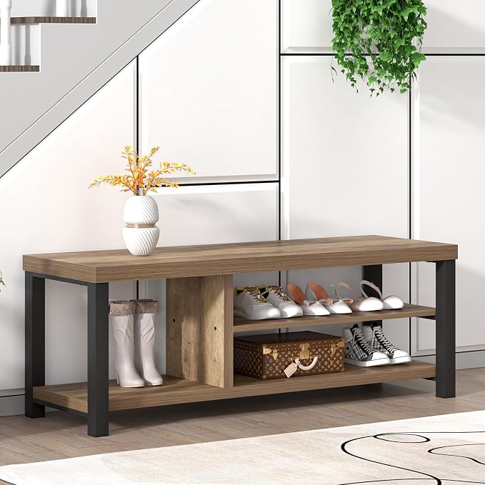 FOLUBAN Shoe Storage Bench, Industrial Entryway Bench, Modern Indoor Wood and - Image 5