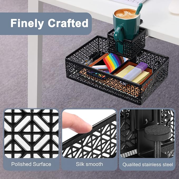 Black Modern Under Desk Drawer Organizer Clip-on Cup Holder & Phone Holder - Image 5
