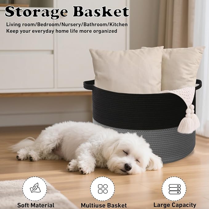 Large Storage Basket with Handle, 19.7"x 19.7"x 13" Blanket Basket Storage Bins - Image 5