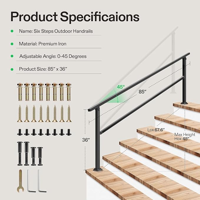 VIVOSUN Outdoor Handrail, 6-7 Step Stair Handrail, Wrought Mattle Iron Handrail - Image 2