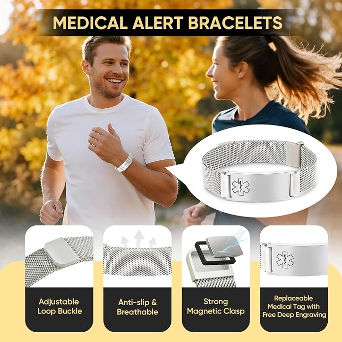VNOX Medical Alert Id Bracelet for Men Women, Custom Engraving Adjustable - Image 2