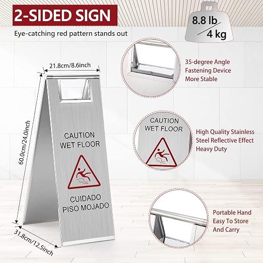 Kigley 2 Pcs Wet Floor Sign, 24 Inch Stainless Steel Caution Wet Floor Sign - Image 2