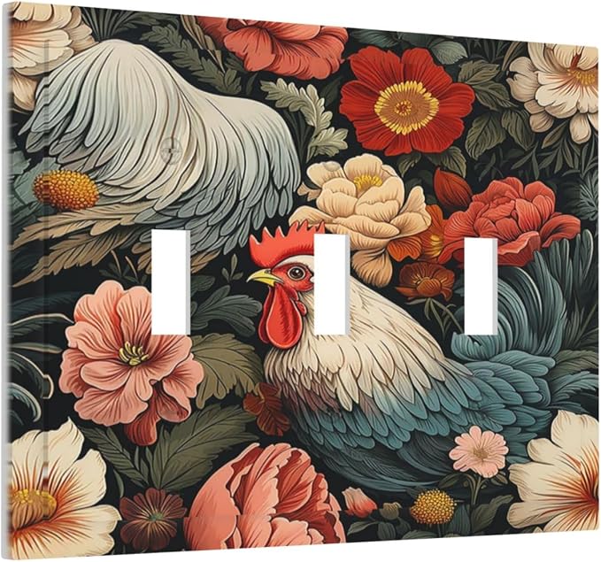 Decorative Switch Plates Rooster Flowers Red White Chicken Floral 3 Gang Wall - Image 2