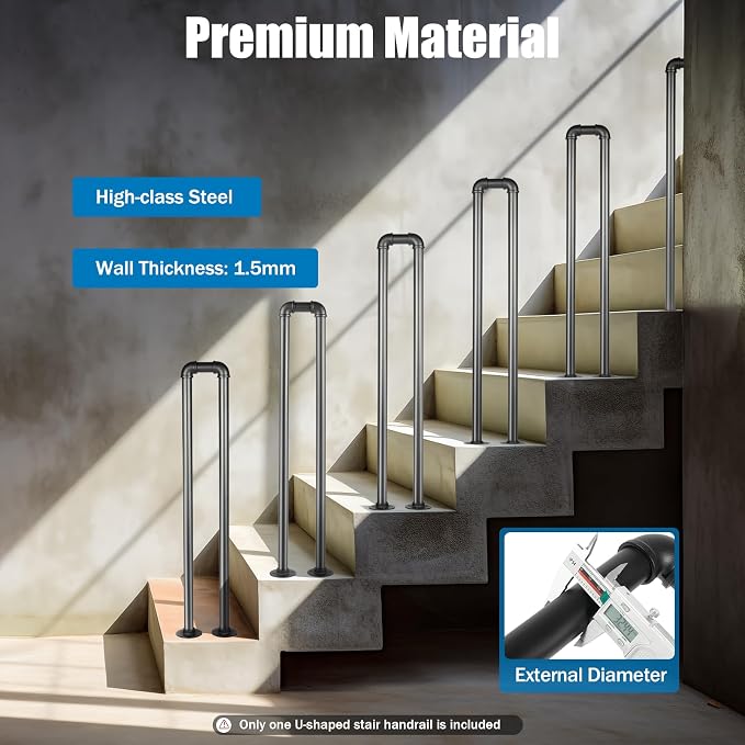 Stair Handrail Matte Black U-Shaped Industrial Wrought Iron Railing Non-Slip - Image 2