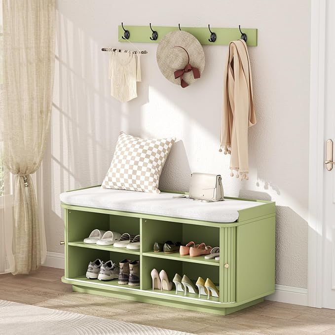 Hall Tree with Bench and Shoe Storage, Entryway Bench with Sliding Door Cabinet - Image 3