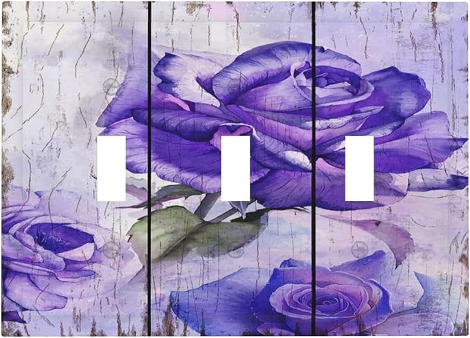 Light Switch Cover Purple Rose Flower Rustic Wood Plank 3 Gang Wall Plate by Spshian