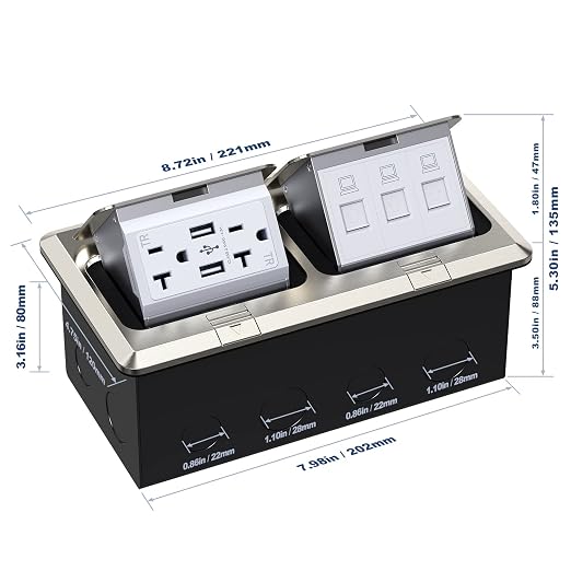 KYHSHJ Dual Pop-Up Floor Electrical Outlet Box Kit，20 Amp Stainless Steel USB - Image 4