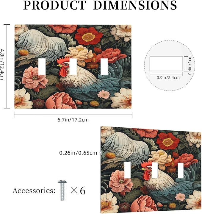 Decorative Switch Plates Rooster Flowers Red White Chicken Floral 3 Gang Wall - Image 5