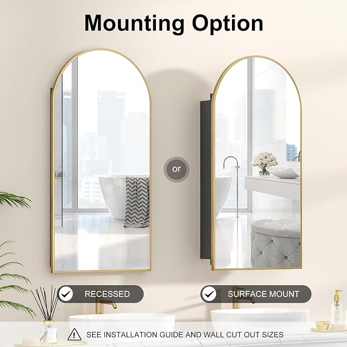 Recessed Medicine Cabinet Mirror, Brushed Brass Gold Arched Medicine Cabinet - Image 4