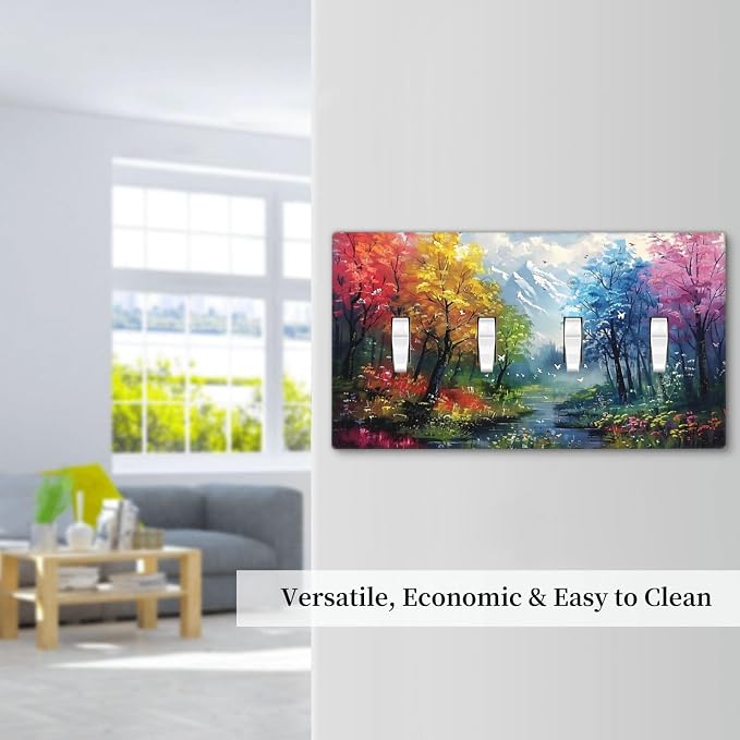 Colorful Forest Snow Mountain River Oil Painting Style Light Switch Covers Quad - Image 7