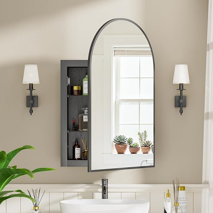 Recessed Medicine Cabinet for Bathroom, Brushed Black Arched Medicine Cabinet by Mepplzian