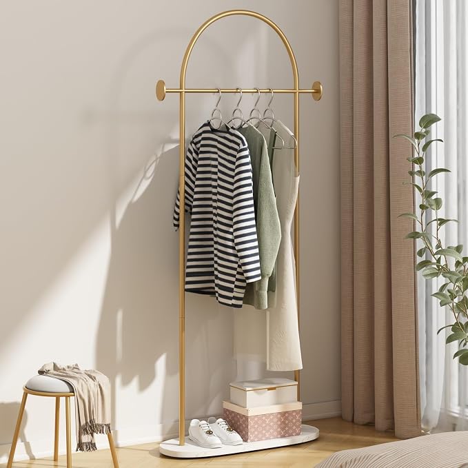 Gold Clothing Rack with Marble Base, Modern Gold Coat Racks Freestanding with 2 - Image 5