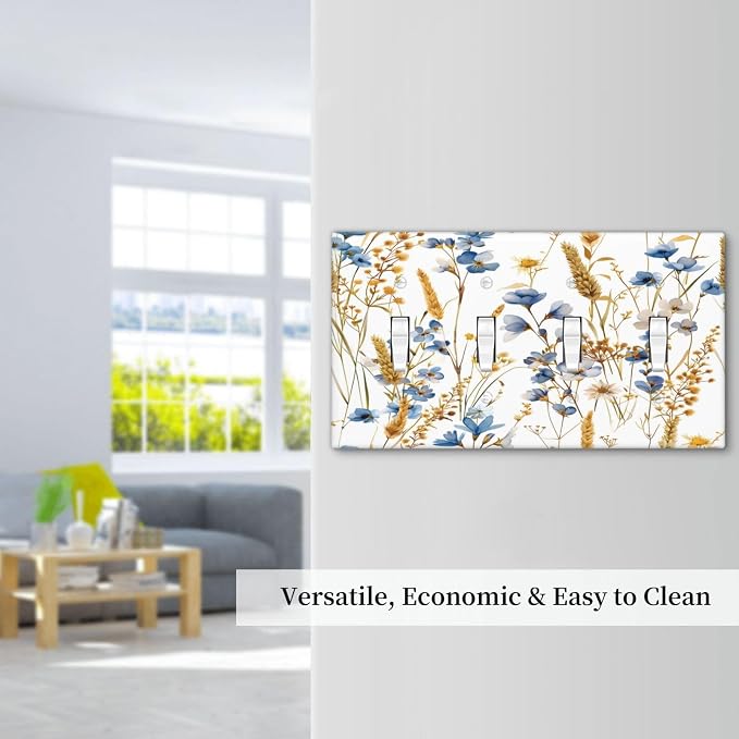 Vintage Wildflower Blue Gold Country Fall Wheat Floral Light Switch Covers Quad - Image 7