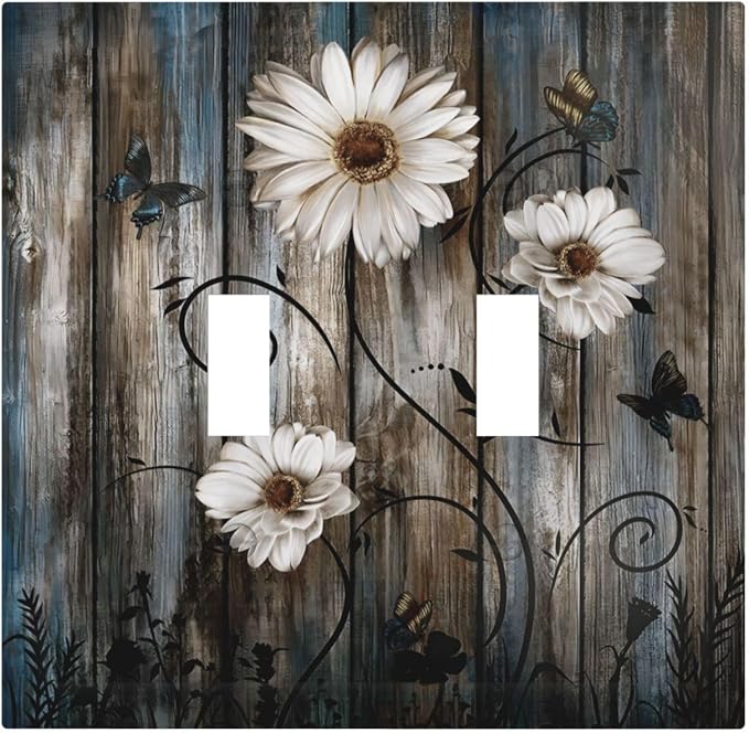 Rustic Wood Background Floral Butterfly Daisy Decorative Switch Plates 2 Gang by Unknown