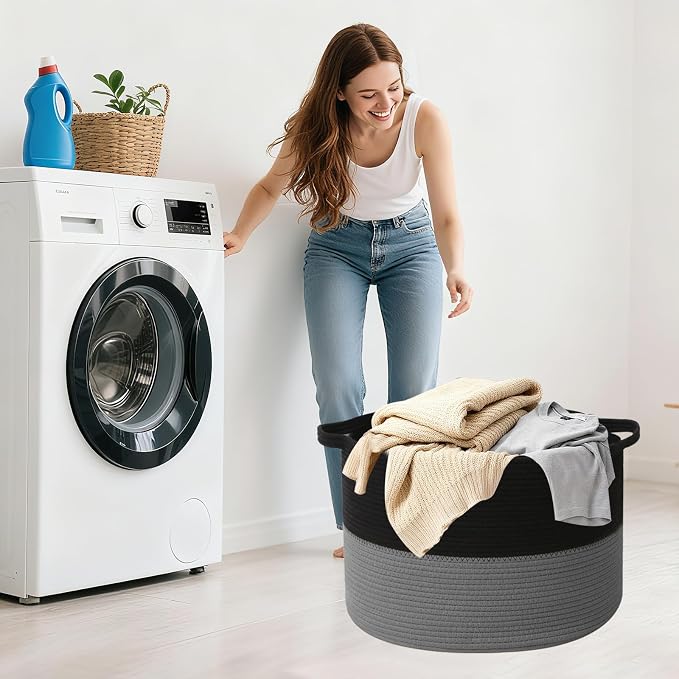 Large Storage Basket with Handle, 19.7"x 19.7"x 13" Blanket Basket Storage Bins - Image 7