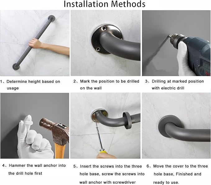 Shower Grab Bar, 2 Pack 24 Inch Gray Bathroom Grab Bar, 1.25" Diameter 304 - Image 4
