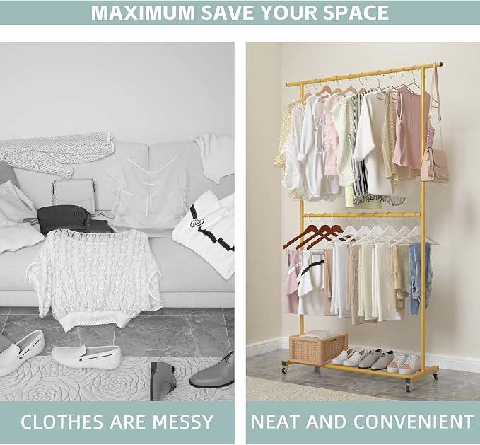 Sywhitta Double Rod Clothing Garment Rack, Rolling Clothes Organizer on Wheels - Image 8