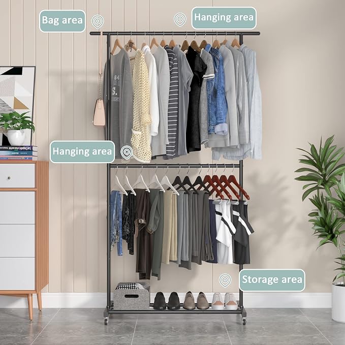 Sywhitta Double Rod Clothing Garment Rack, Rolling Clothes Organizer on Wheels - Image 7