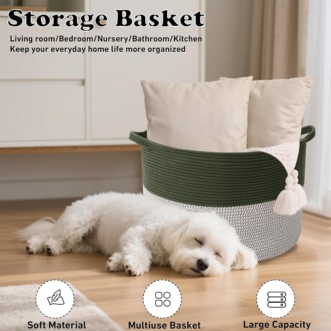 Large Storage Basket with Handle, 19.7" L x 19.7" W x 13" H Blanket Basket - Image 4