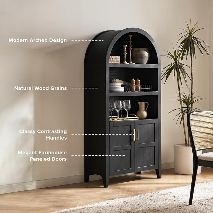 mopio Lauren 77.4" Tall Arched Cabinet, 5-Tier Arched Bookcase - Image 3