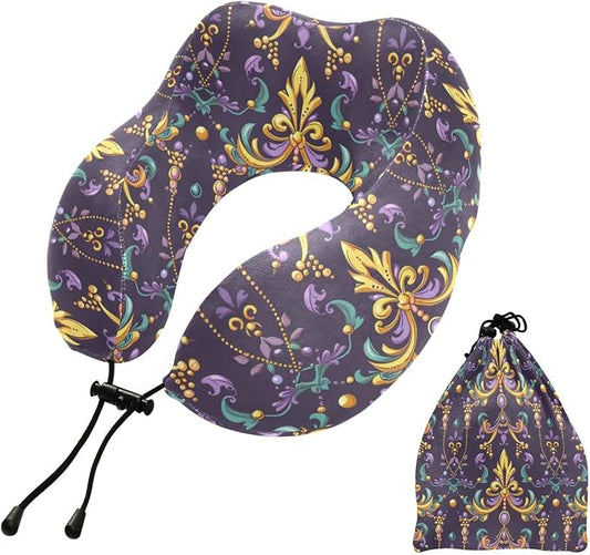 Travel Pillow for Neck Head, Mardi Gras Fleur De Lis Beads Memory Foam Padding by ZOEO