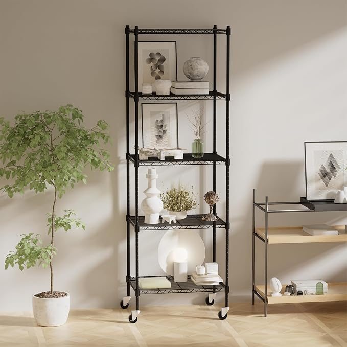 5 Tier Storage Shelves with Wheels, Heavy Duty Metal Garage Shelving Unit and - Image 2