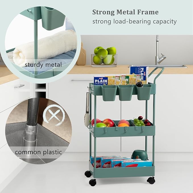 danpinera Storage Cart on Wheels, 3 Tier Bathroom Cart Organizer Slim Laundry - Image 5