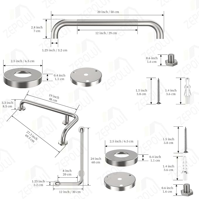 Brushed Nickel L-Shaped Grab Bar 12x24 Inch + Knurled Shower Grab Rail 20 Inch - Image 2