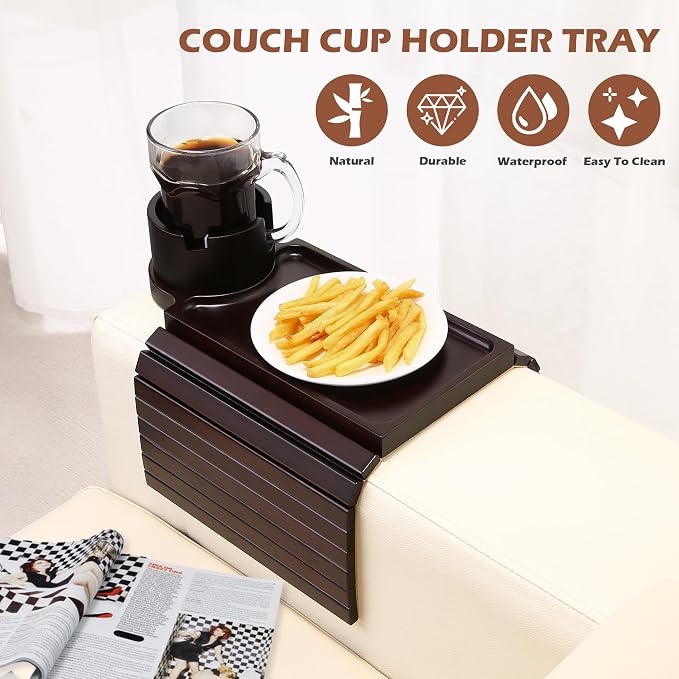 Couch Cup Holder Tray, 3 in 1 Large Couch Arm Trays, Bamboo Chair Clip on Tray - Image 4