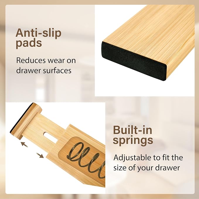 Bamboo Drawer Divider Set of 8, Adjustable Spring-Loaded Drawer Organizer - Image 3