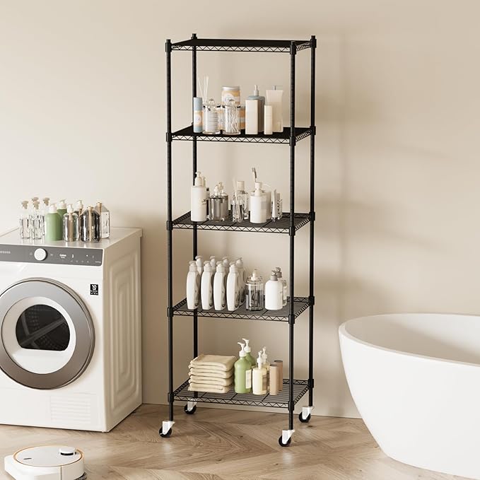 5 Tier Storage Shelves with Wheels, Heavy Duty Metal Garage Shelving Unit and - Image 7