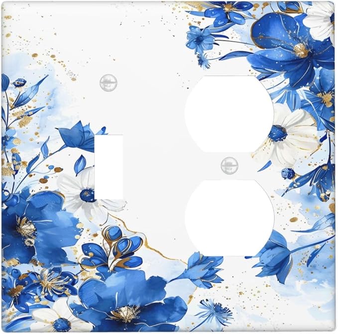 Klein Blue Flowers Watercolor Golden White Floral Wallplates 1 Toggle 1 Duplex by Unknown