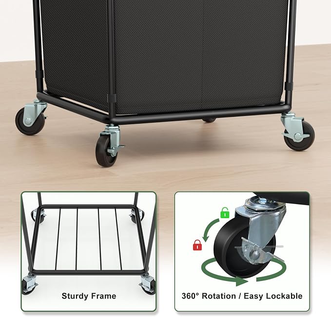 160L Laundry Hamper with Wheels and Handle, 2 Section Large Rolling Laundry - Image 7