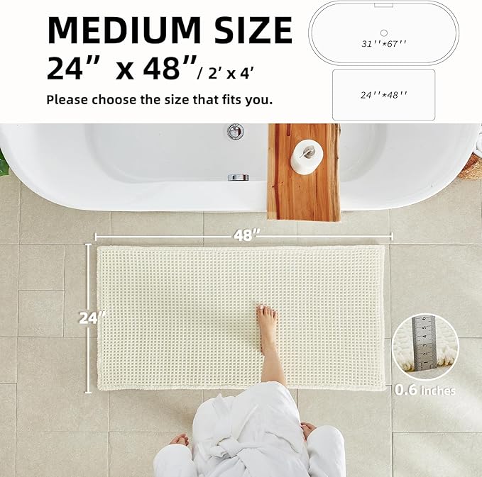 Cream White Bathroom Rugs, Waffle Bath Mat Non Slip Washable Super Absorbent - Image 2
