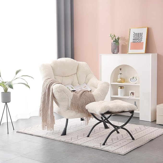 Lazy Chair with Ottoman, Modern Accent Lounge Armchair with Side Pocket & - Image 2
