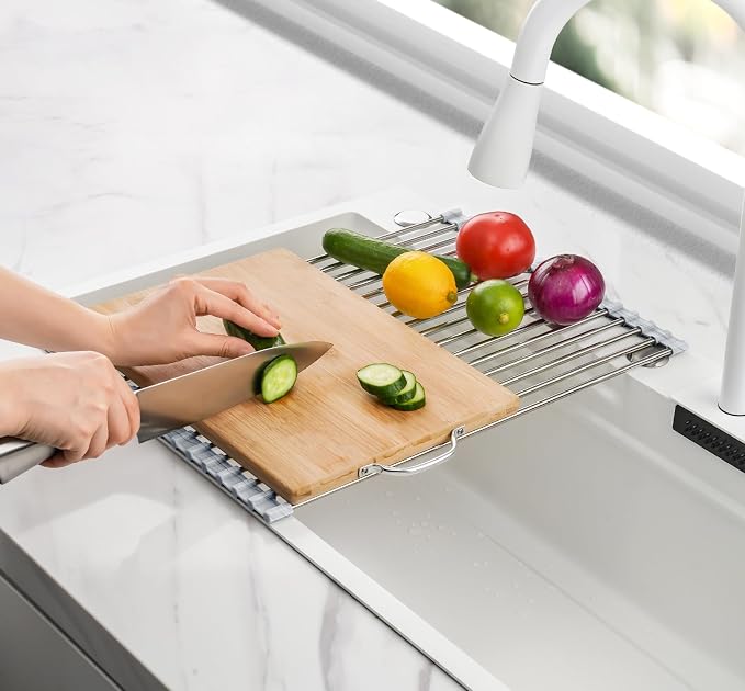 Tomorotec Stainless Steel Roll-Up Dish Drying Rack Marble Color Silicone Edges - Field & Grace