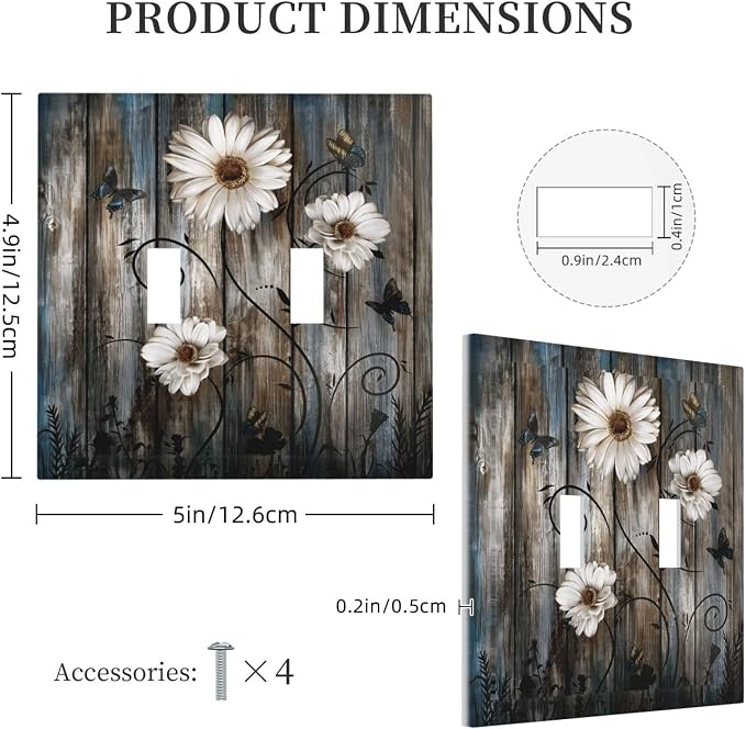 Rustic Wood Background Floral Butterfly Daisy Decorative Switch Plates 2 Gang - Image 5