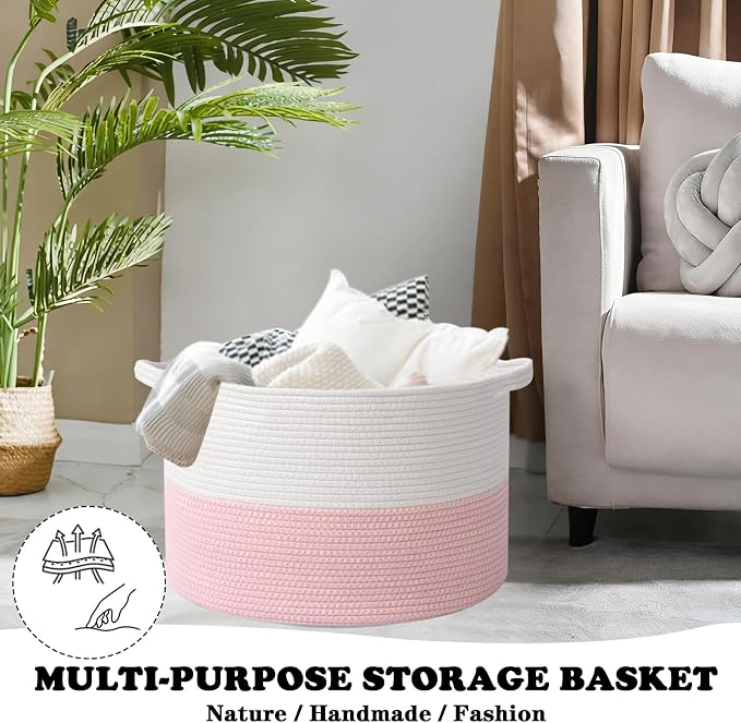 Large Storage Basket with Handle, 19.7" L x 19.7" W x 13" H Blanket Basket - Image 5