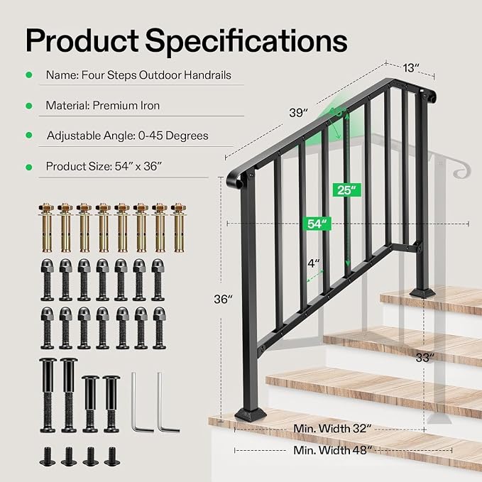 VIVOSUN Outdoor Handrail, 4 Step Stair Handrail, Wrought Mattle Iron Stair - Image 2